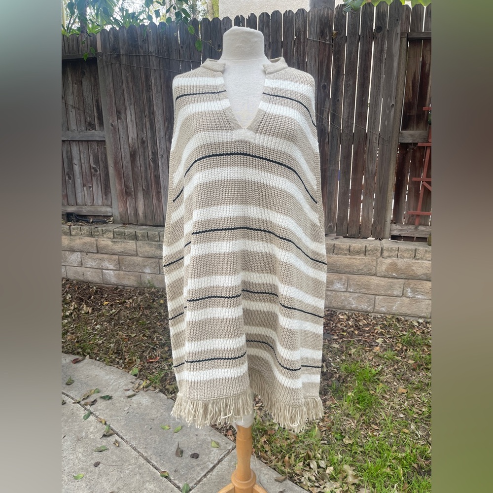 Zara Beige and Black Striped Poncho